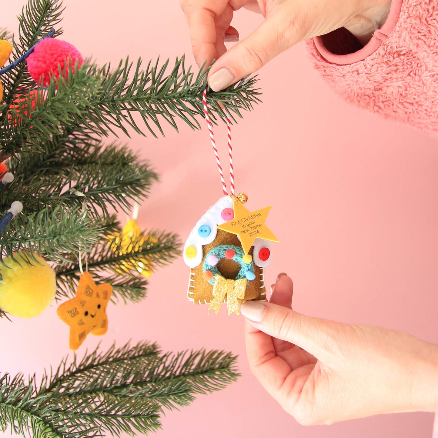 Gingerbread House Hanging Ornament with wreath - Perfect Gift for New Homeowners