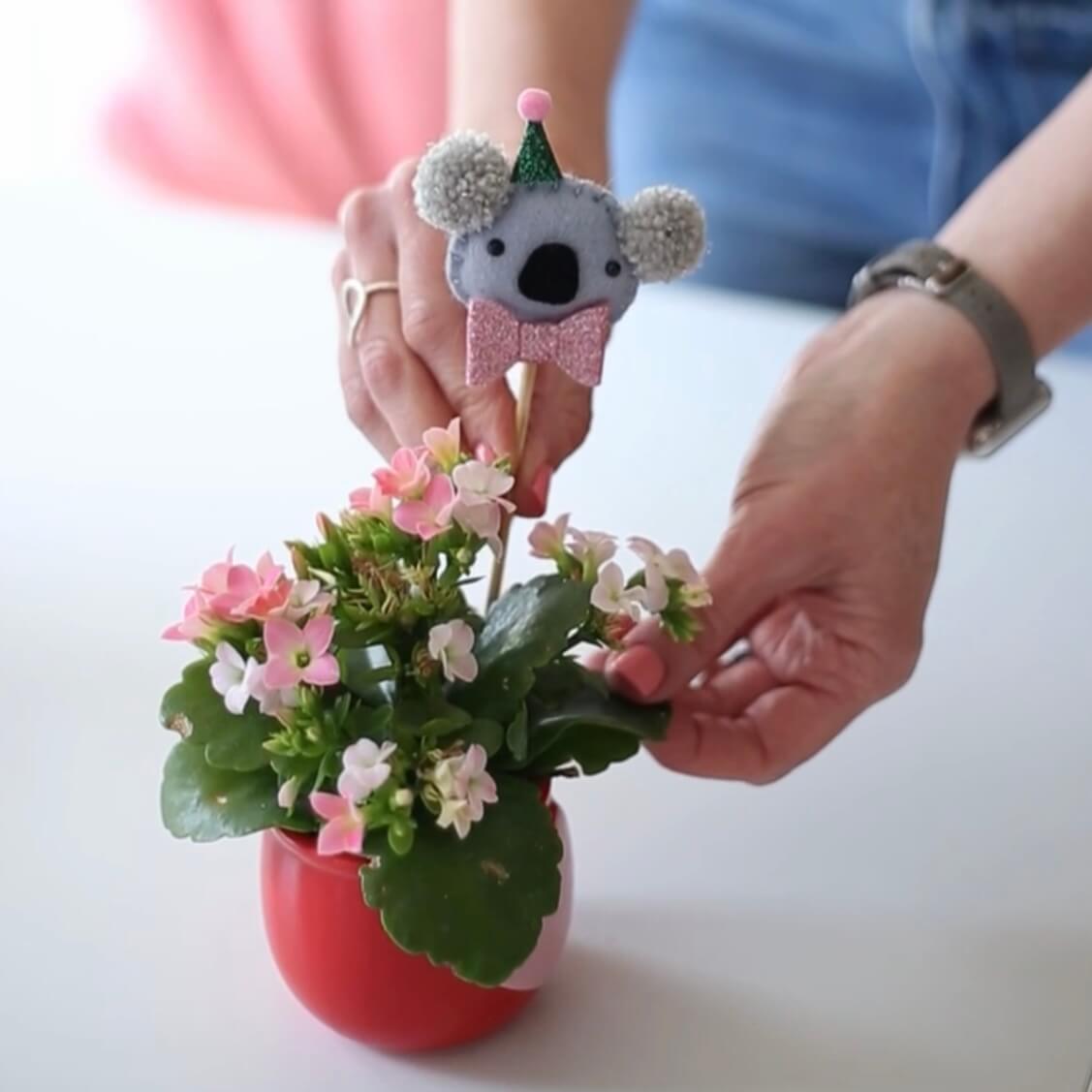 Koala cake topper is in a plant pot