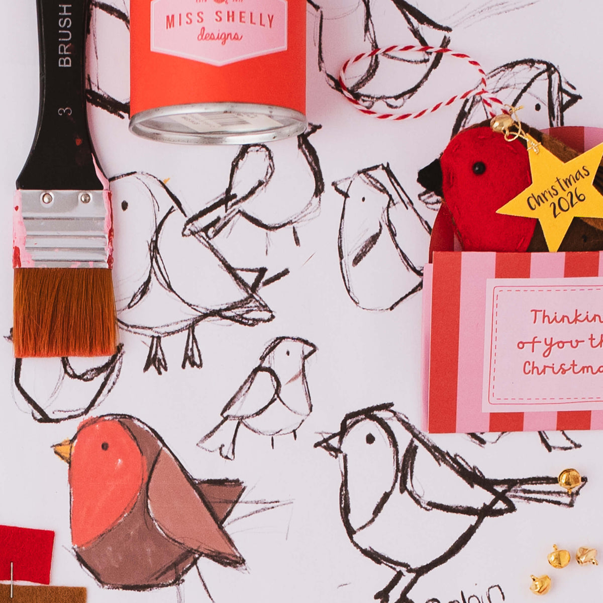 Personalised Robin Ben felt decoration with original artwork and Christmas gift packaging by Miss Shelly Designs