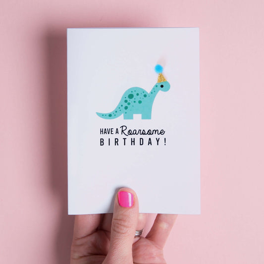 Dinosaur Birthday Card with Pom Pom Hat