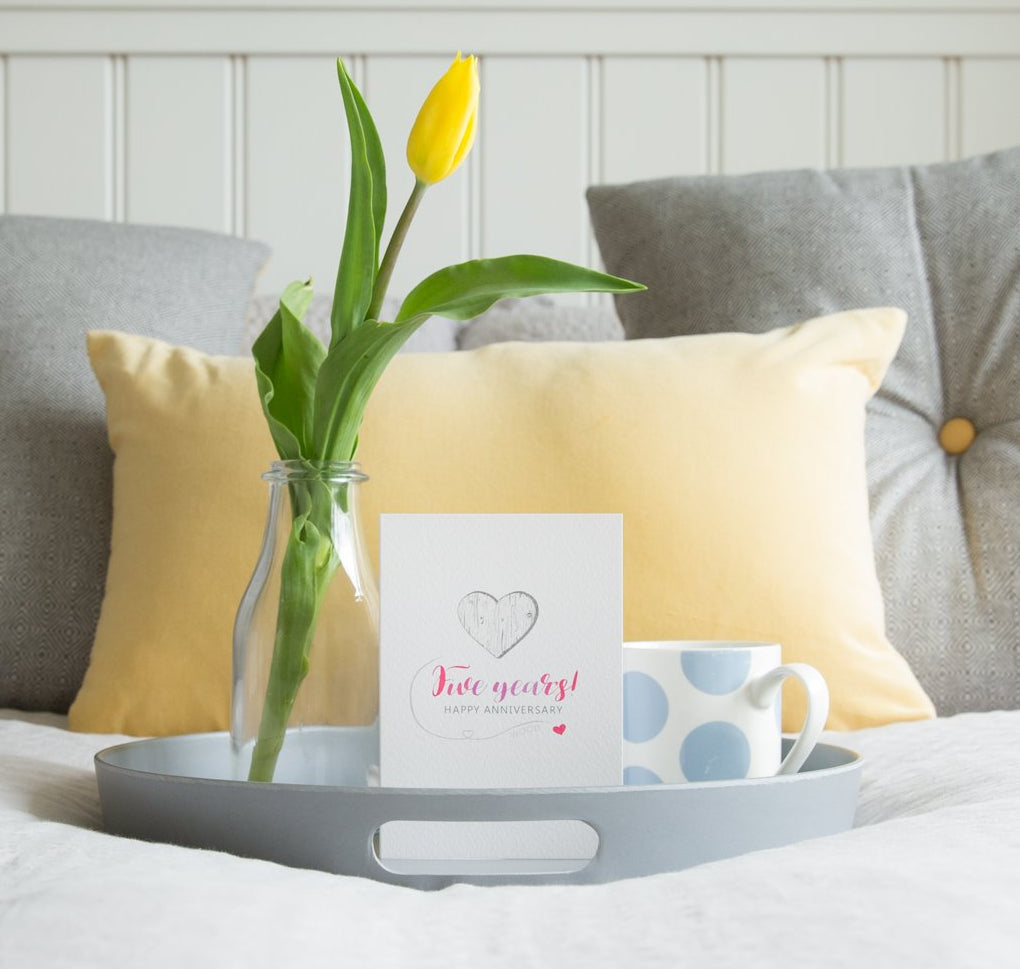 5 year anniversary card with wooden heart on the front
