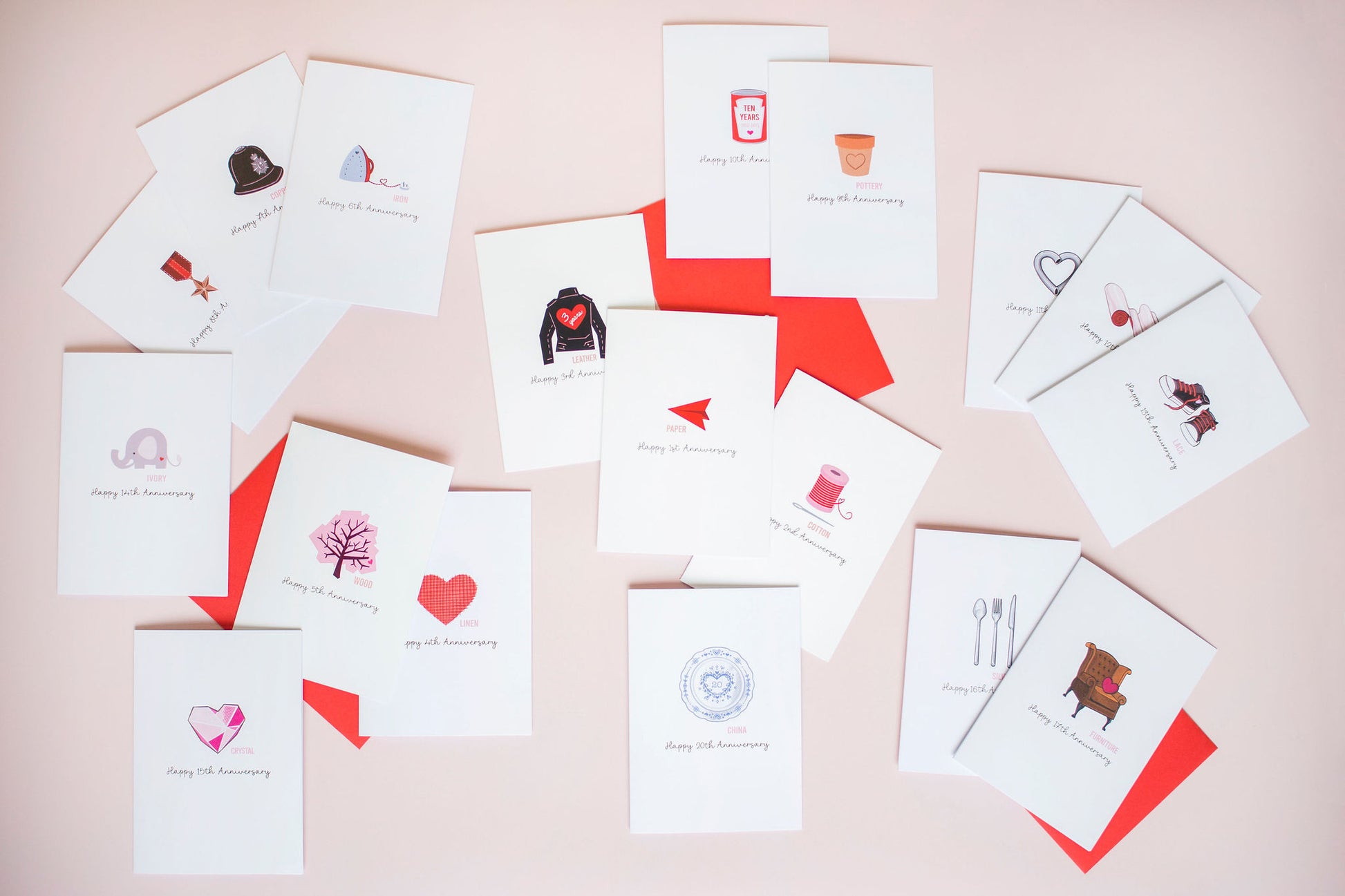 Photo of a range of anniversary cards designed to represent each milestone year of your anniversary based on traditional gifts given each year. Cards range from year one of marriage to 20 years of marriage.