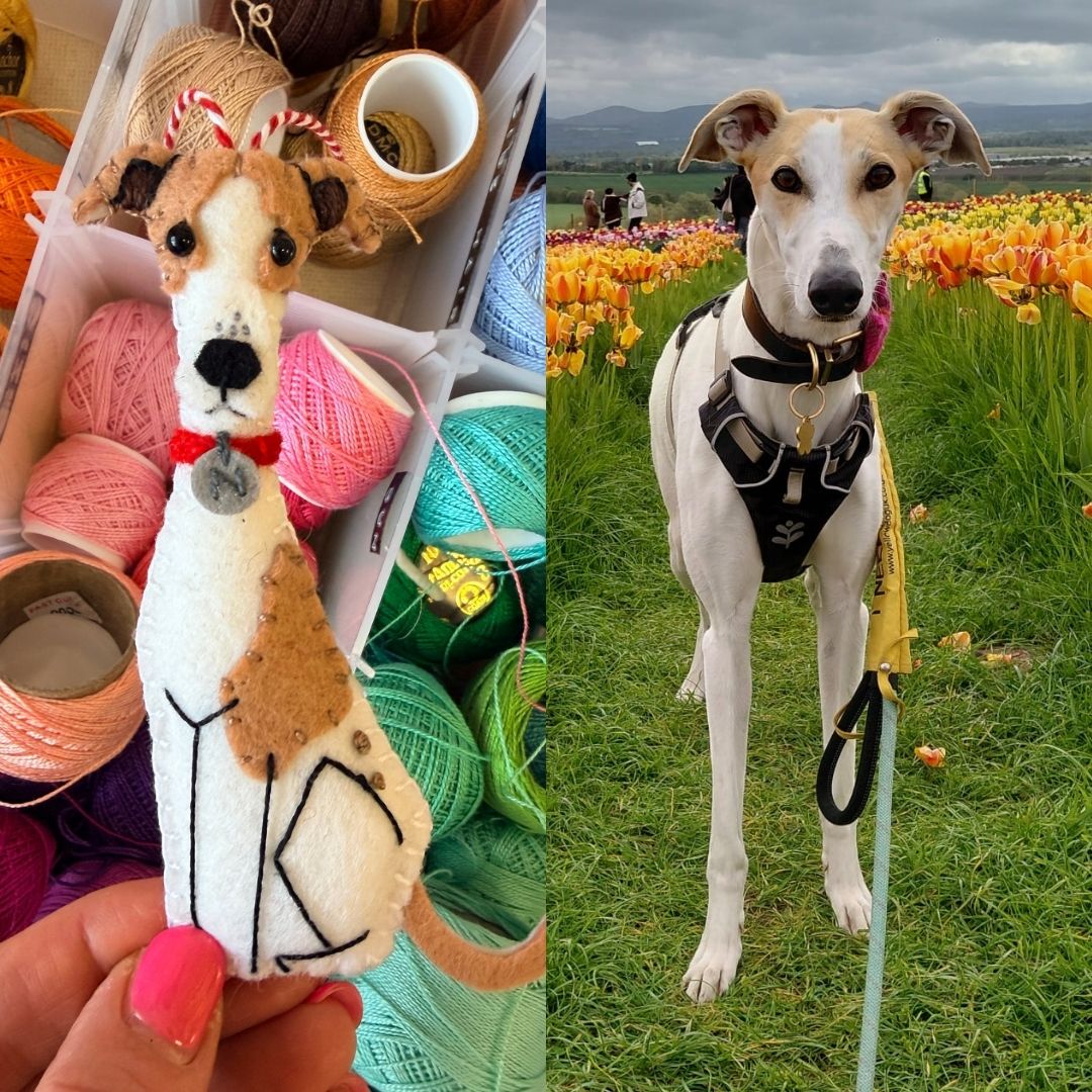 A split-screen image showing a handmade felt dog ornament. The left side shows a close-up of a hand holding a felt dog; the right side shows a photo of the real dog for comparison.