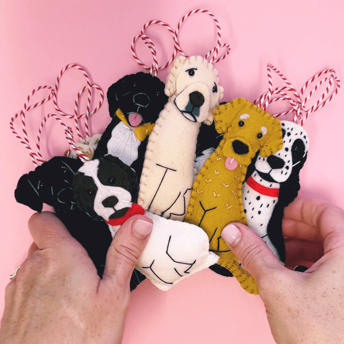 An arrangement of bespoke dog ornaments fanned out in Miss Shelly Designs hands. There is a golden labrador, a golden retriever, cocker spaniel and a black labrador among them.