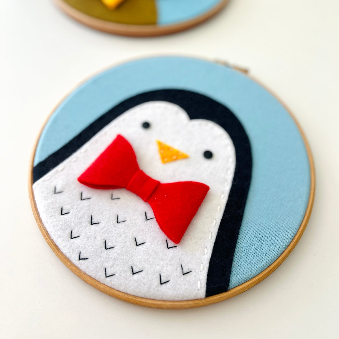Penguin - Embroidered Hoop with red bowtie