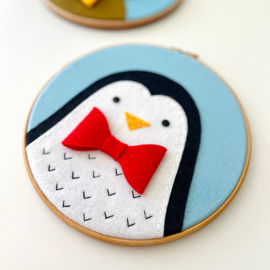 Penguin - Embroidered Hoop with red bowtie