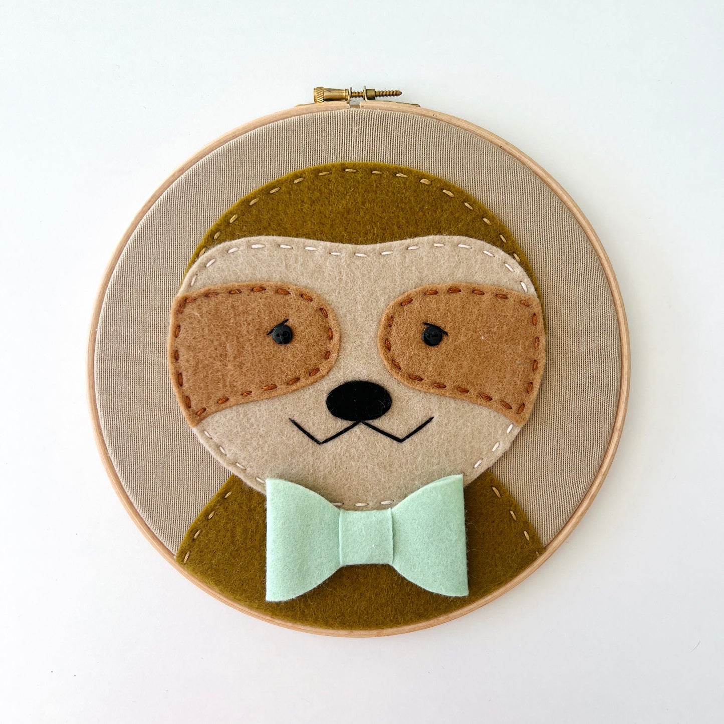 Sloth - Embroidered Hoop with green bowtie