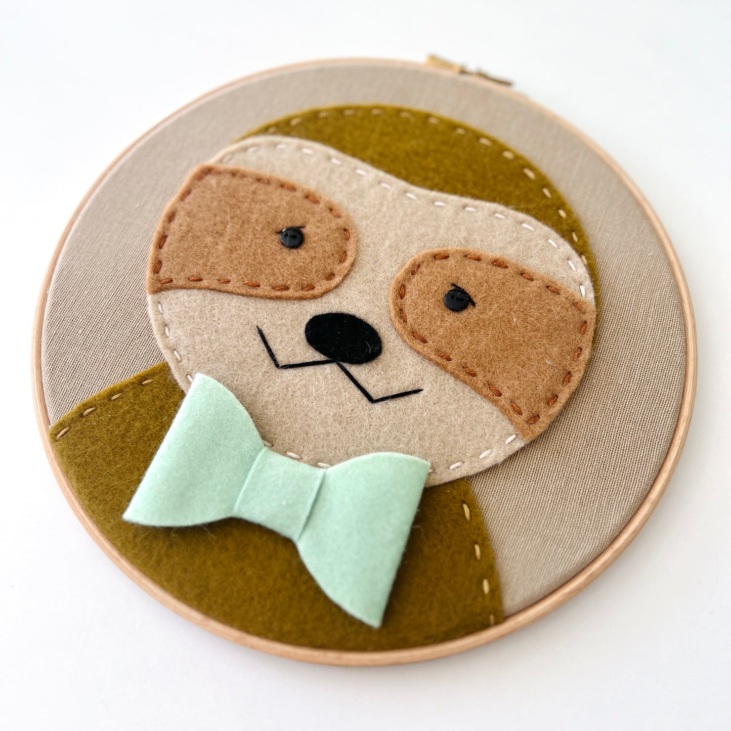 Sloth - Embroidered Hoop with green bowtie