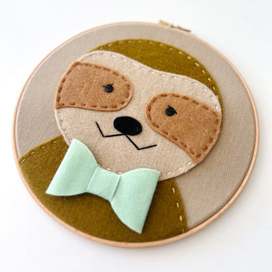 Sloth - Embroidered Hoop with green bowtie