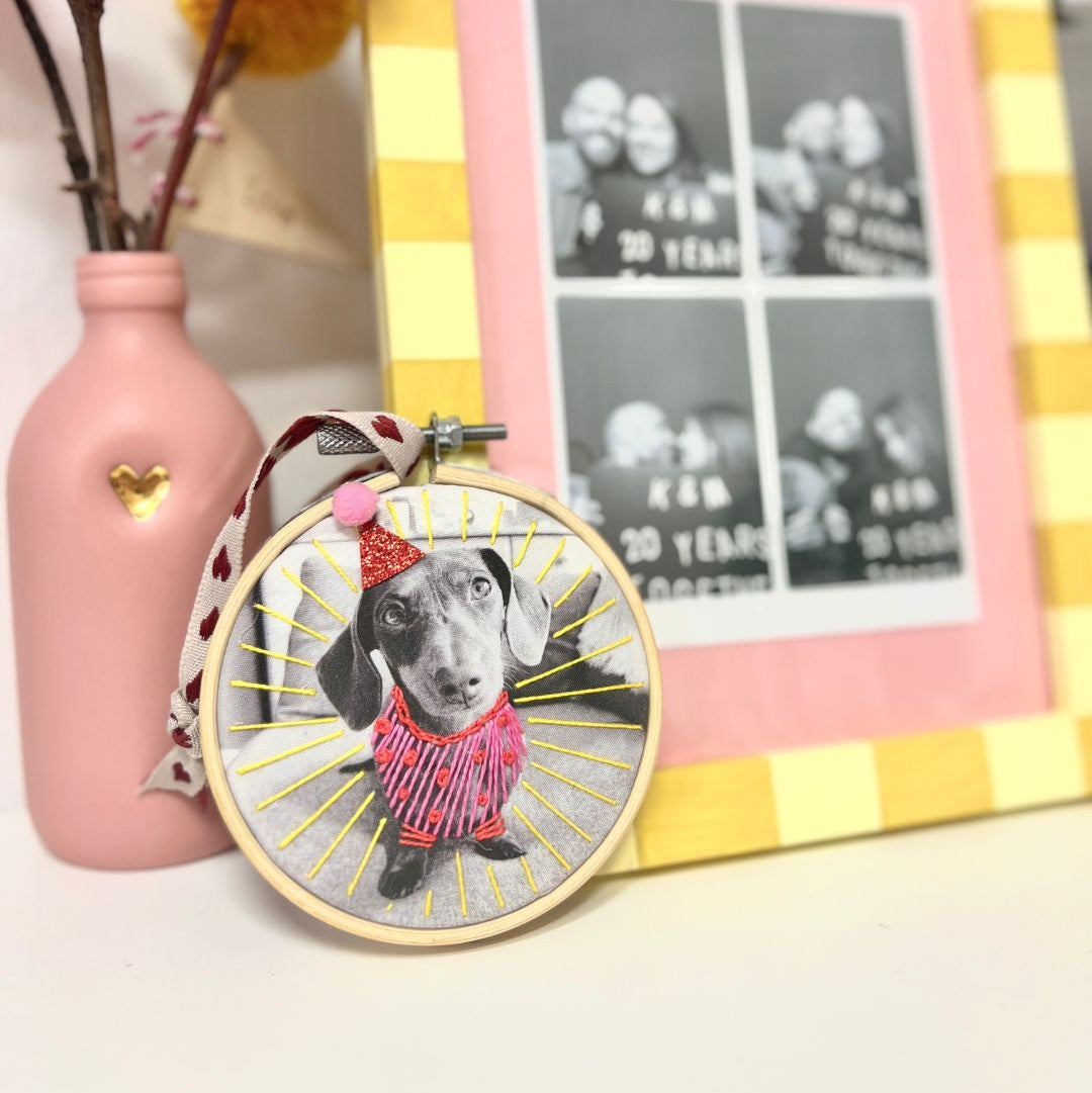 Photo of pet in embroidery hoop. Hand stitched with colourful embroidery which is part of a DIY photo sewing kit.