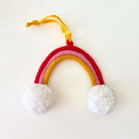 Knitted Rainbow - Pink, Red & Yellow with Pom Poms