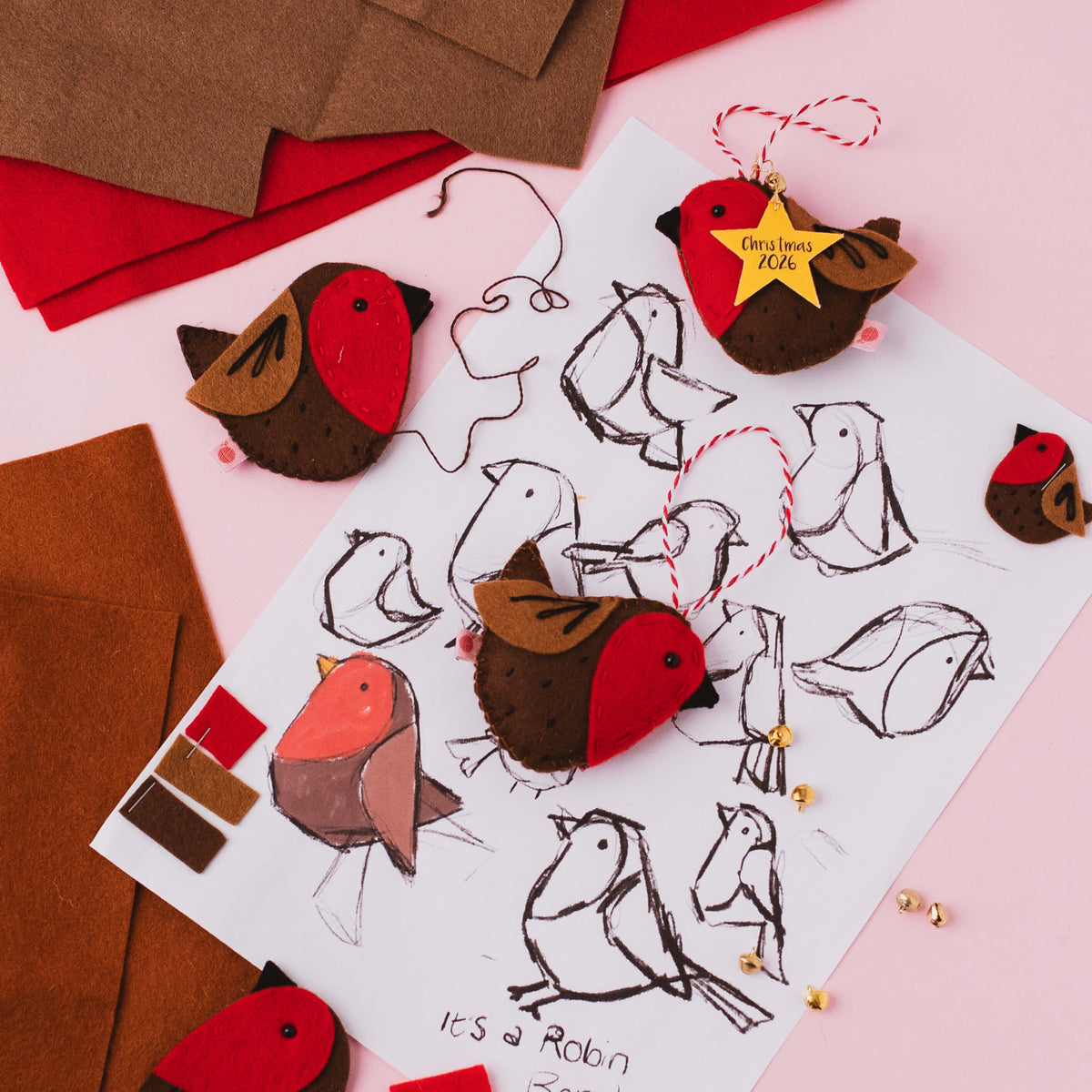 Handmade felt Robin Ben Christmas decorations with original robin sketches by textile artist Miss Shelly Designs