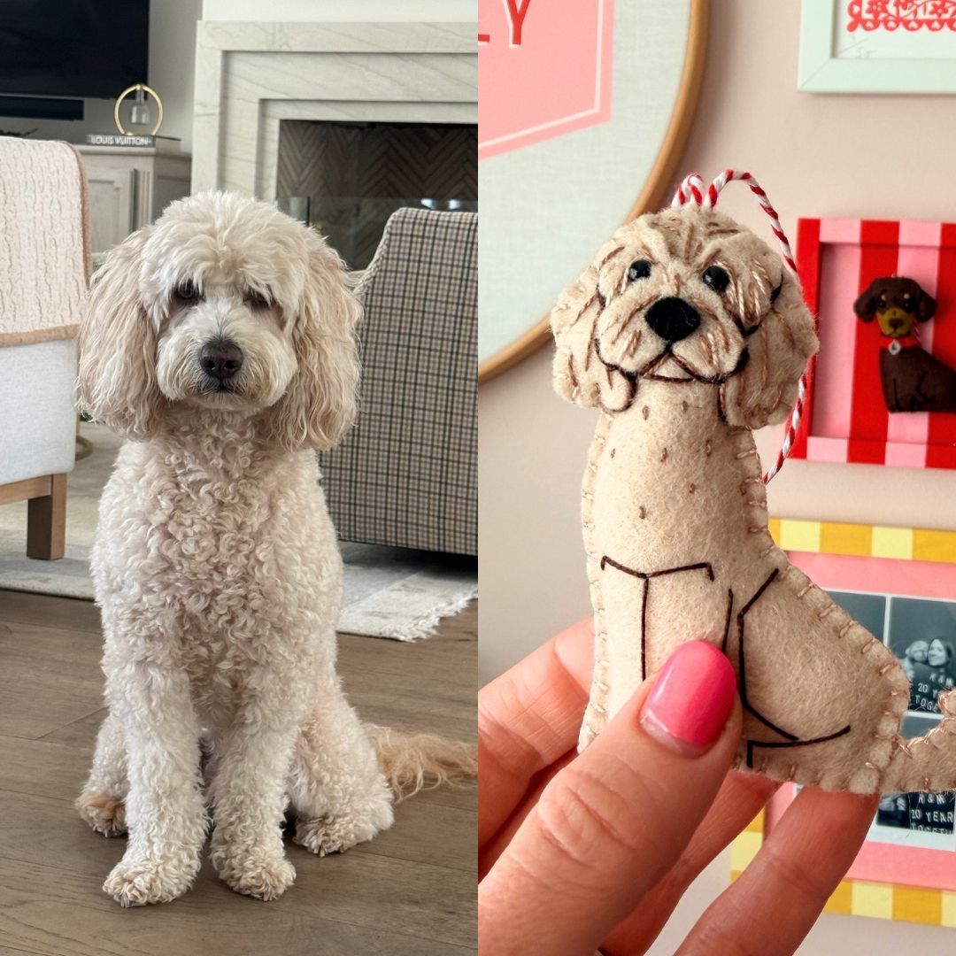 A split-screen comparison showing a real fluffy cream-colored dog on the left and a handmade felt dog ornament held in a hand on the right. The ornament is made from beige felt with black stitched details, a red-and-white striped hanging loop, and a black nose.