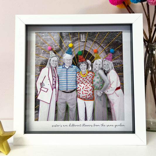Personalised embroidered photo frame gift with colourful stitching and pom pom details.