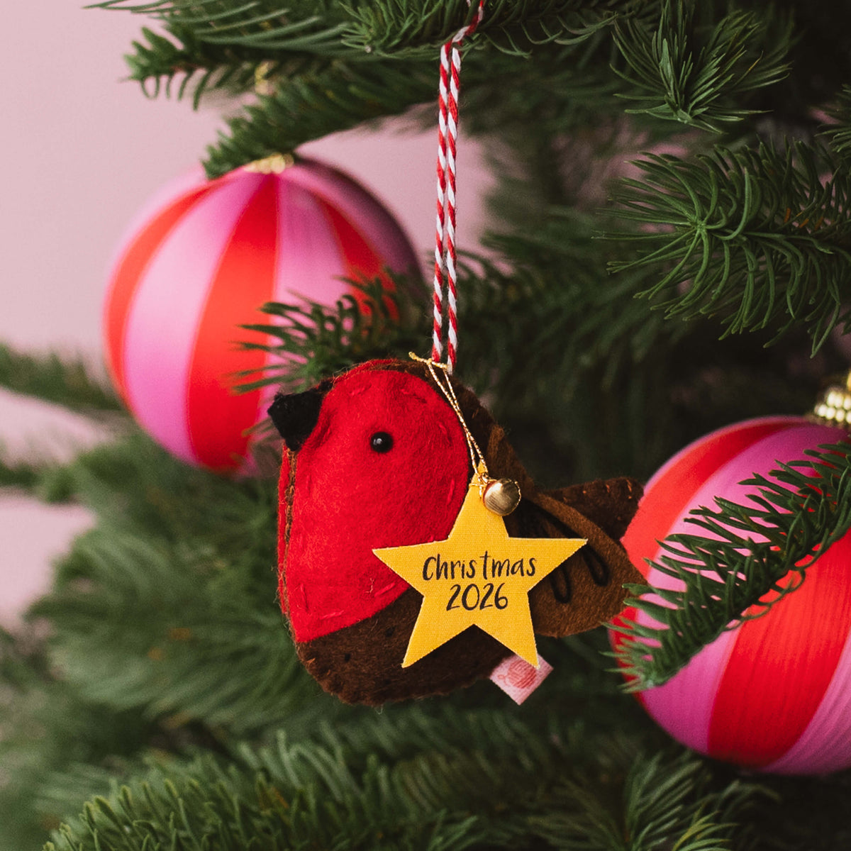 Handmade felt robin Christmas decoration with personalised star tag hanging on a Christmas tree