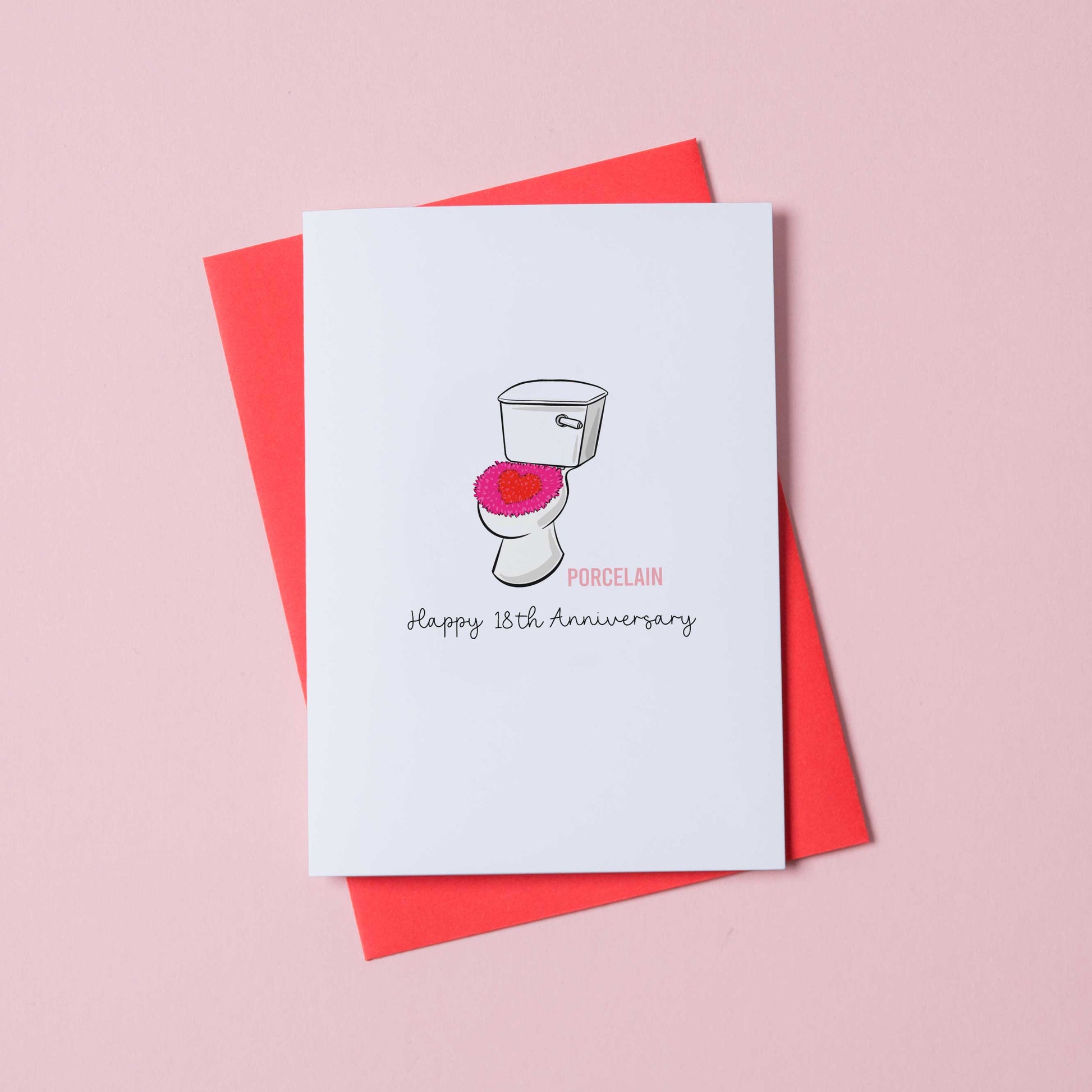Porcelain anniversary card 18th year funny toilet illustration UK.
