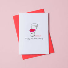 Load image into Gallery viewer, a 18th anniversary card with a picture of toilet on the front. Next to the toilet is the text - porcelain and Happy 18th Anniversary. The card sits on a red envelope.