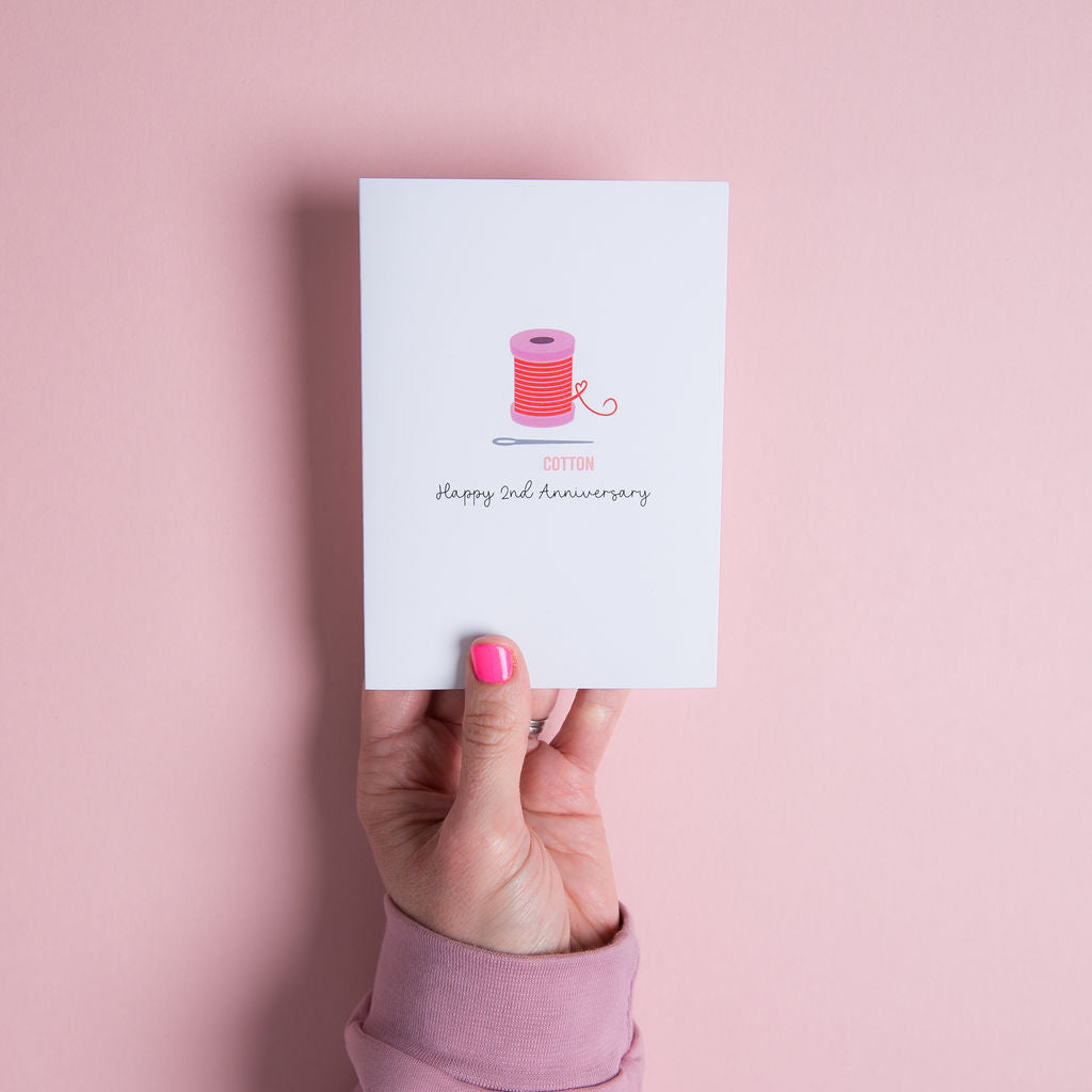 Cotton anniversary card 2nd year illustrated cotton reel design UK