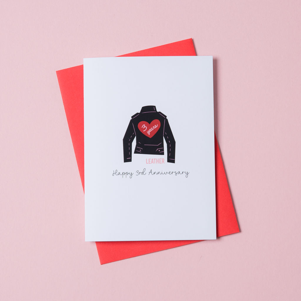 Leather anniversary card 3rd year illustrated leather gift card UK