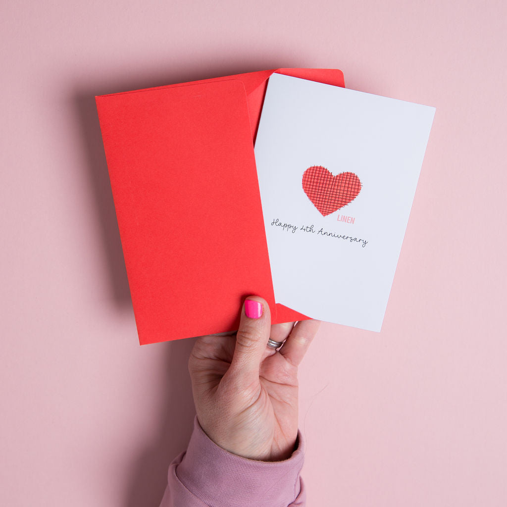 Linen anniversary card 4th year illustrated linen heart theme UK