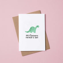 Load image into Gallery viewer, Dinosaur Father&#39;s day card with &#39;Have a ROARSOME Father&#39;s Day&#39; written underneath. The dinosaur is green
