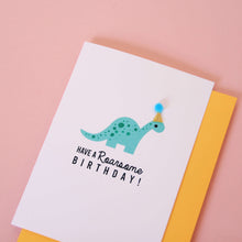 Load image into Gallery viewer, Dinosaur Birthday Card with Pom Pom Hat