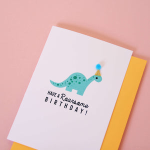 Dinosaur Birthday Card with Pom Pom Hat
