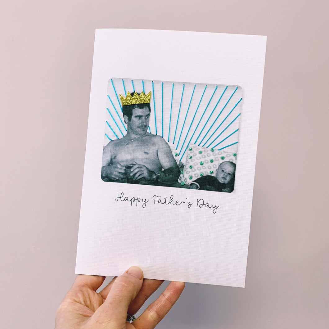 A handmade Father's Day card. There is a photo with hand stitching added.