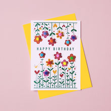 Load image into Gallery viewer, Birthday card with colourful flowers and decorated with pom pom. Th e birthday card says Happy Birthday