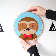 Load image into Gallery viewer, Sloth Hoop - Brown Background and GREEN bowtie