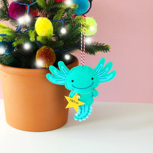 green and blue axolotl christmas tree decoration