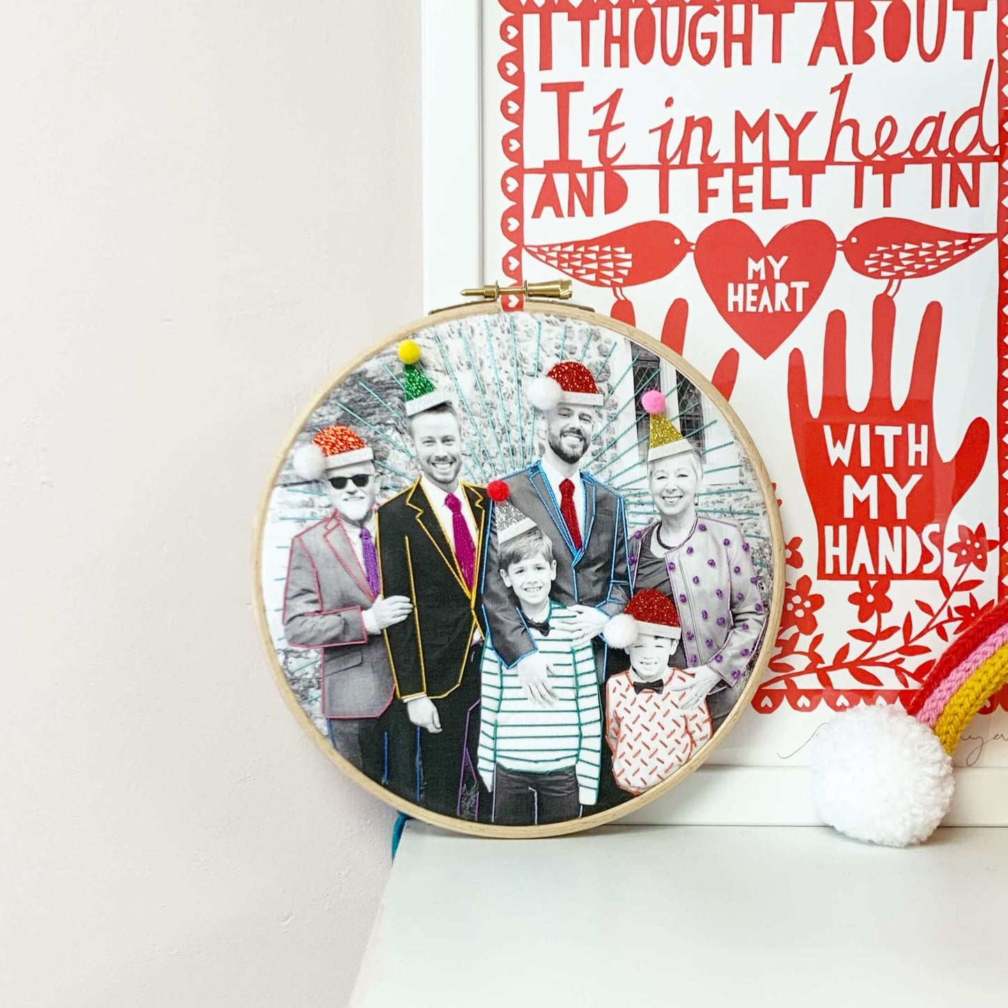 Handmade embroidered family photo hoop keepsake gift idea UK